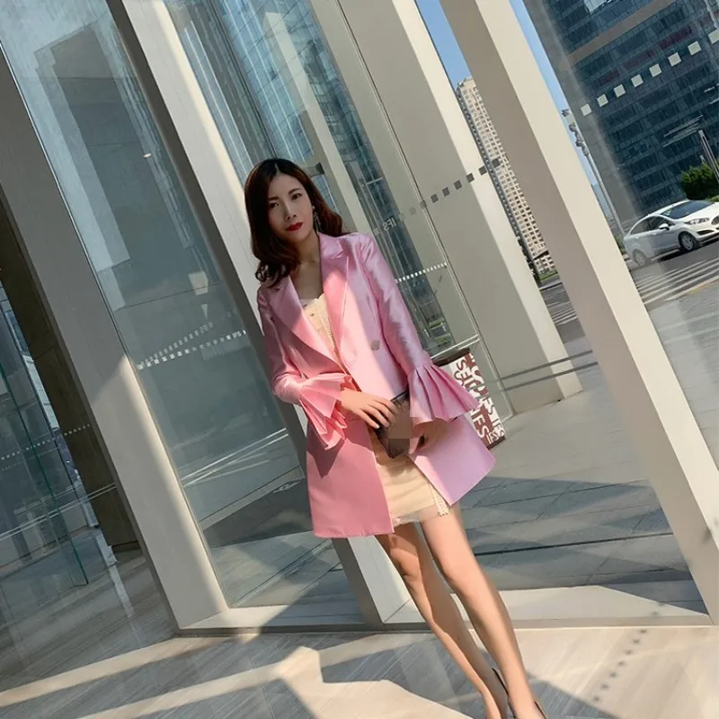 

Spring Women Satin Pink Double Breasted Suit Coat Slim Fit Elegant Office Ladies Fashion Jackets Flare Sleeve Vintage Outerwear