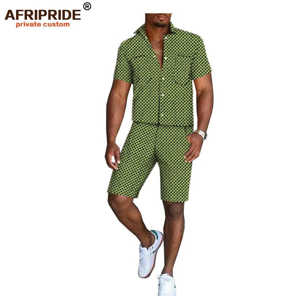 Африканский принт, летние шорты, набор для мужчин, AFRIPRIDE, короткий рукав, однобортный Топ+ шорты до колен, повседневный комплект A1816006 - Цвет: 514