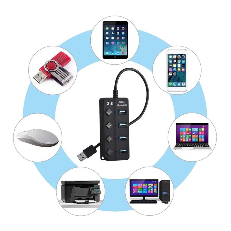 

4-Port USB 3.0 Hub with Individual Power Switches, Portable Data Hub Compatible for USB A Devices, 5Gbps Transfer Speed