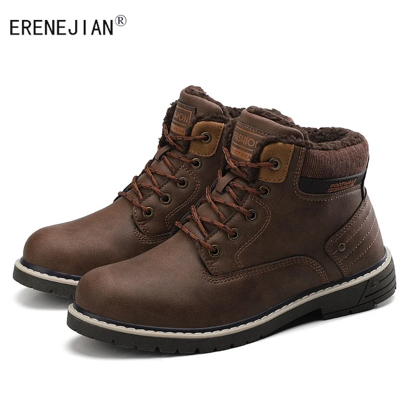 

ERENEJIAN Men's Fashion Leather Biker Boots Winter Warm Snow Boots Fashion Fleece Lined Thick Thermal Motorcycle Racing Shoes