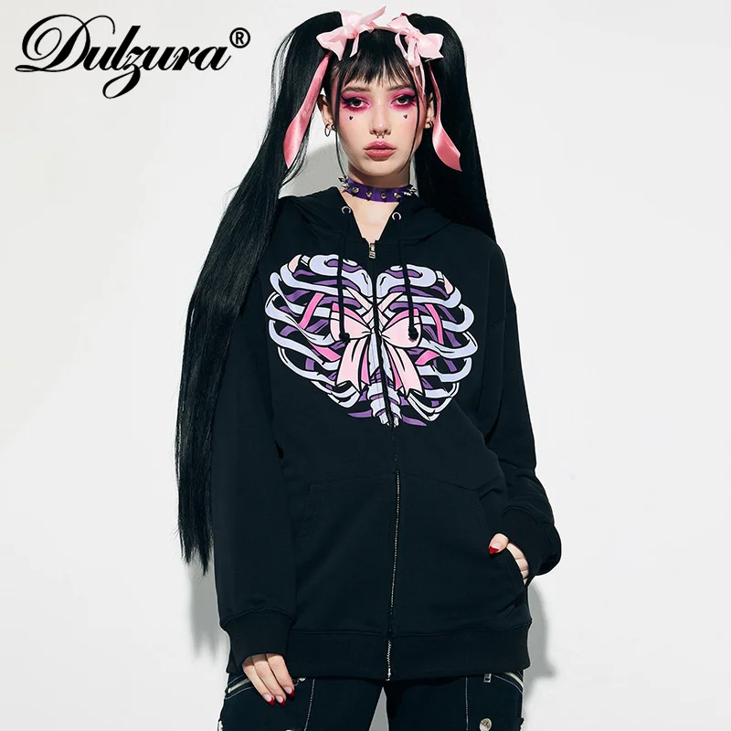 

Dulzura Bow Print Women Zipper Hoodie Long Sleeve Sweatshirt Loose Oversized Casual Streetwear Women 2021 Autumn Winter Jacket