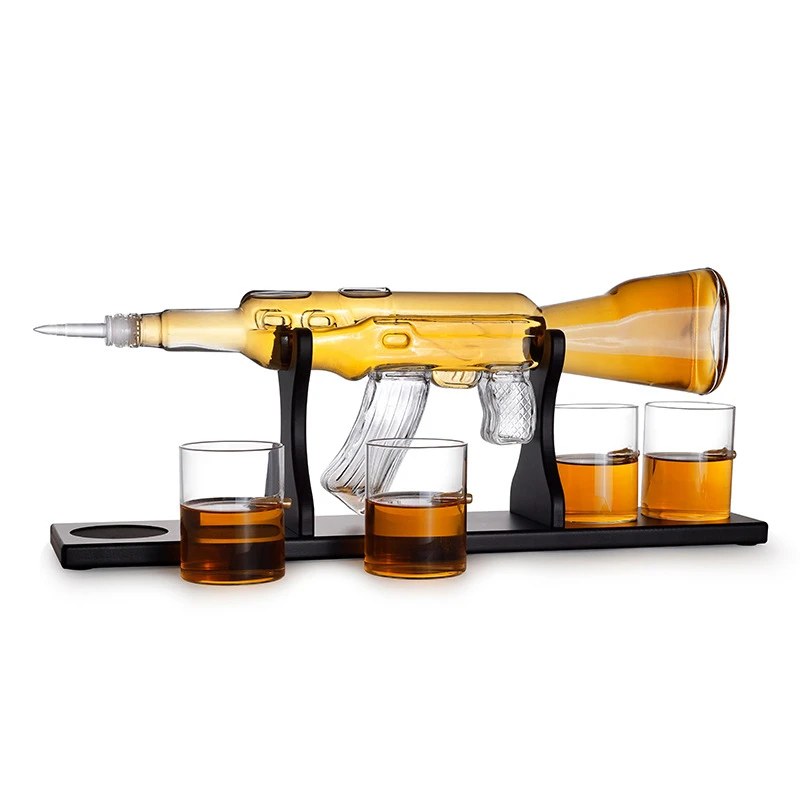 AK47 Gun Shape Whisky Glass Wine Container Decanter Set Drinking Vessel With 4 Cups 1 Pine Wood Support | Дом и сад