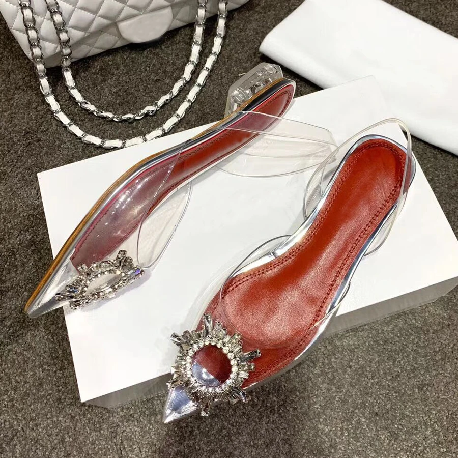 Flat heel Новинка; Прозрачный компас из ПВХ; женские сандалии с кристаллами; необычные прозрачные туфли на высоком каблуке с острым носком; женские свадебные вечерние туфли - Цвет: Flat heel