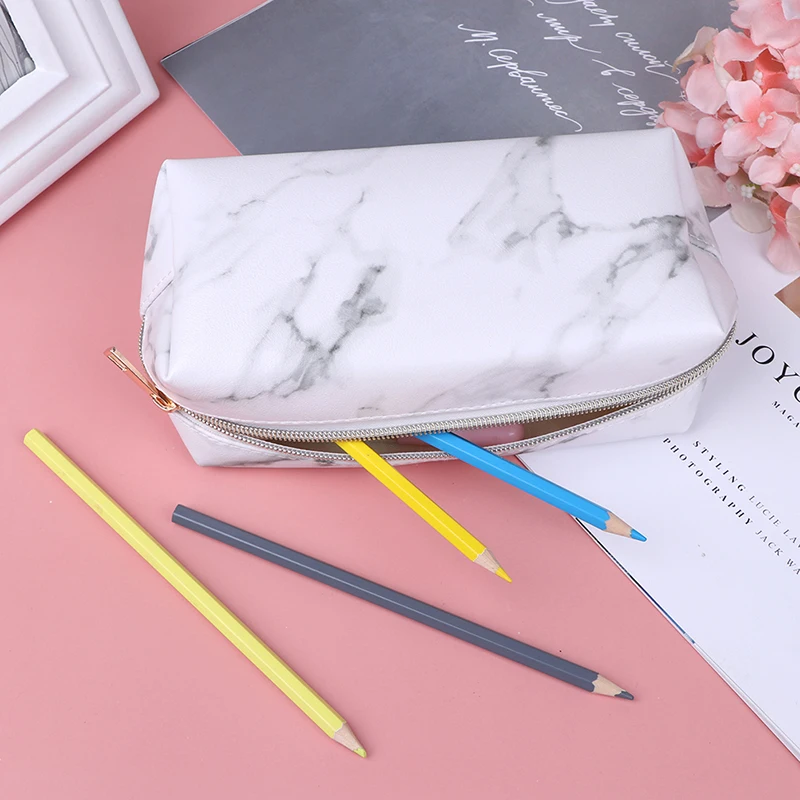 

Large Marble Pencil Case Leather Pen Box Big Makeup Bag For Girls Gift PU etui Office School Travel Supplies chancery penalty