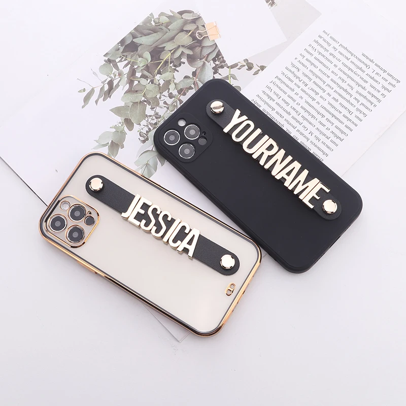 Custom Your Name Electroplate Square Frame iPhone 14 14ProMax 14Plus 13Pro Personalized Holding Strap Metal Letter Phone Bumper