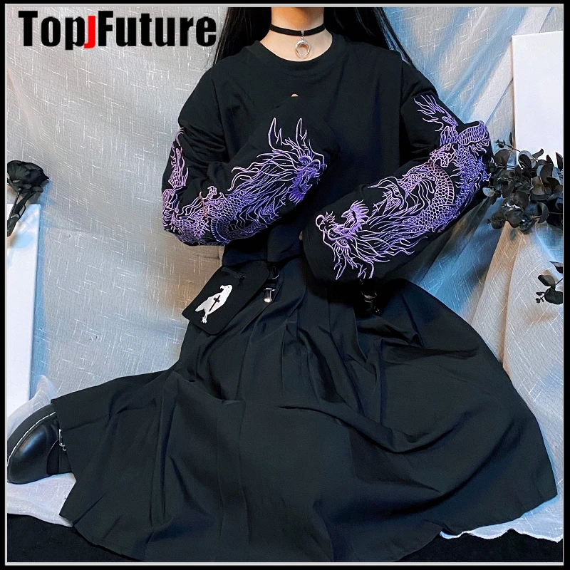 Женская футболка в стиле преппи с длинным рукавом и вышивкой виде дракона |