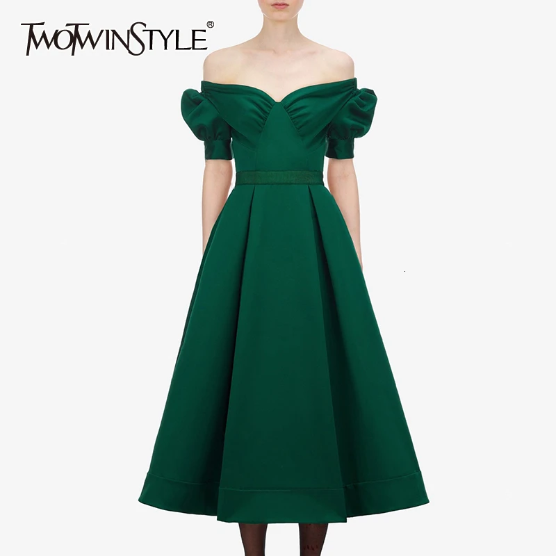 TWOTWINSTYLE Винтаж Ruched Для женщин платья с вырезом лодочкой Фонари короткий рукав