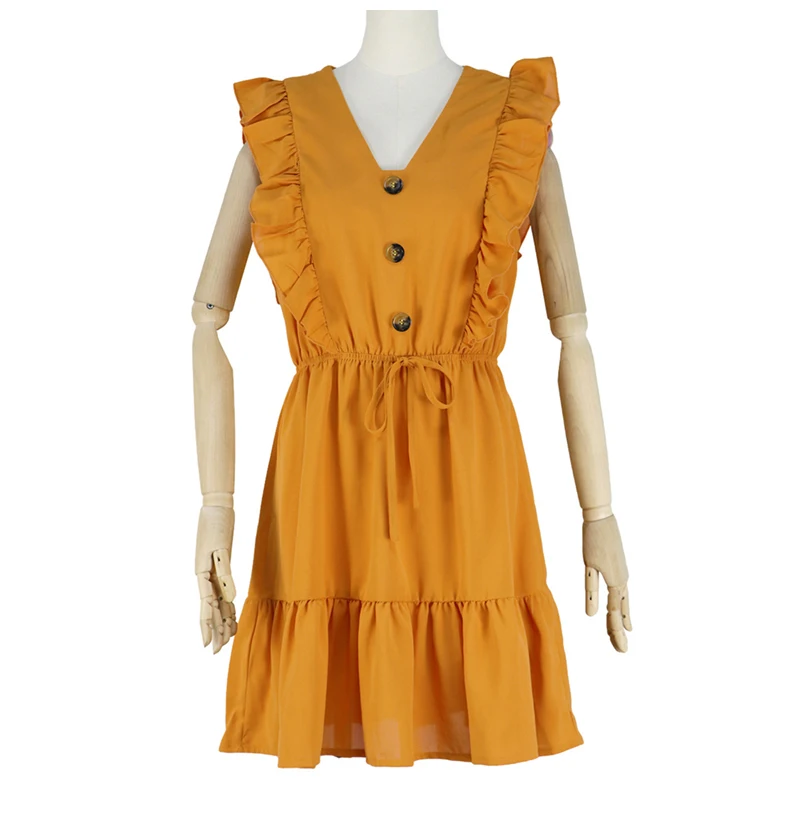 Женское платье с рюшами повседневный желтый мини-сарафан на завязках модная