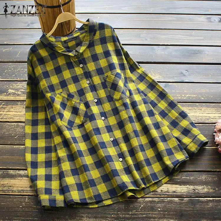 

ZANZEA Винтаж клетчатая блузка Женская Весенняя рубашка с длинными рукавами Повседневная рубашка со скрытыми пуговицами Топы женские свободн...
