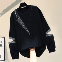 handmade diamonds holes o neck black sweatshirt women modis ins loose korean hoodies 2020 new arrival long sleeve tops