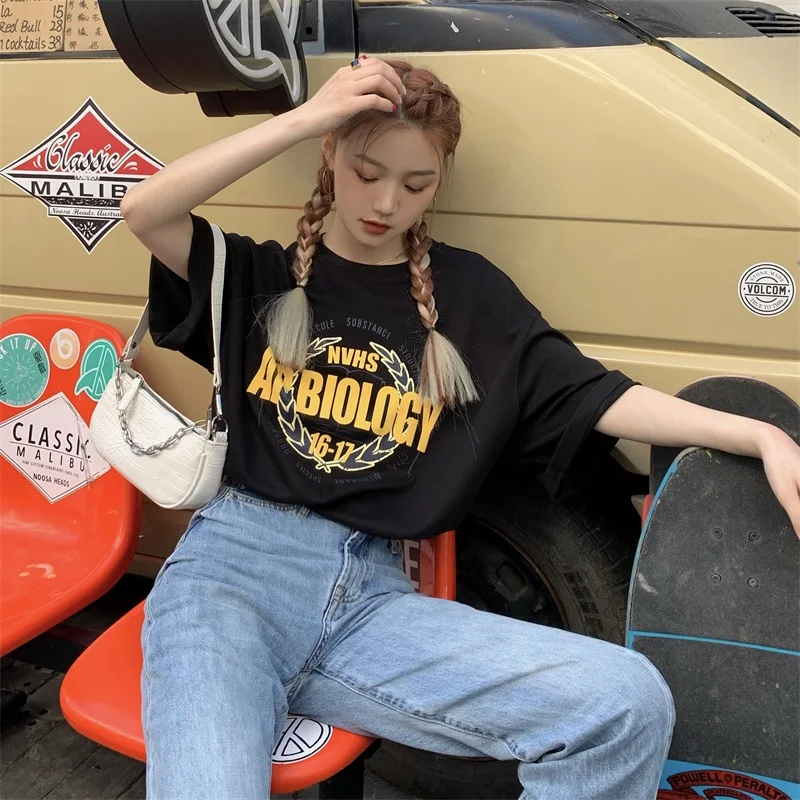 

Новинка 3659, Женская Повседневная Свободная облегающая футболка с круглым вырезом и короткими рукавами, с надписью