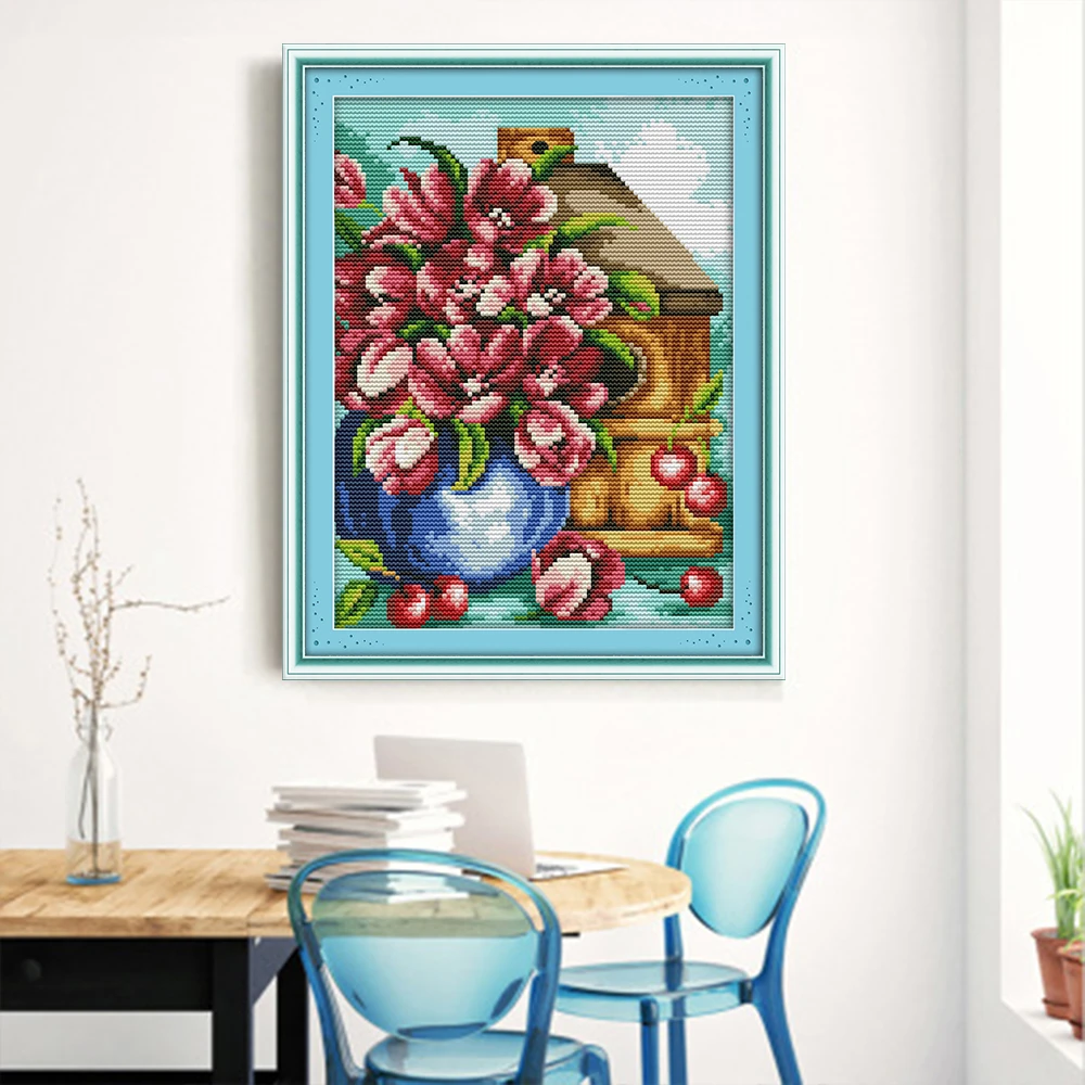 

HUACAN Embroidery Flower Cross Stitch Kits White Canvas Home Decoration Needlework Sets 11CT 14CT DIY Gift