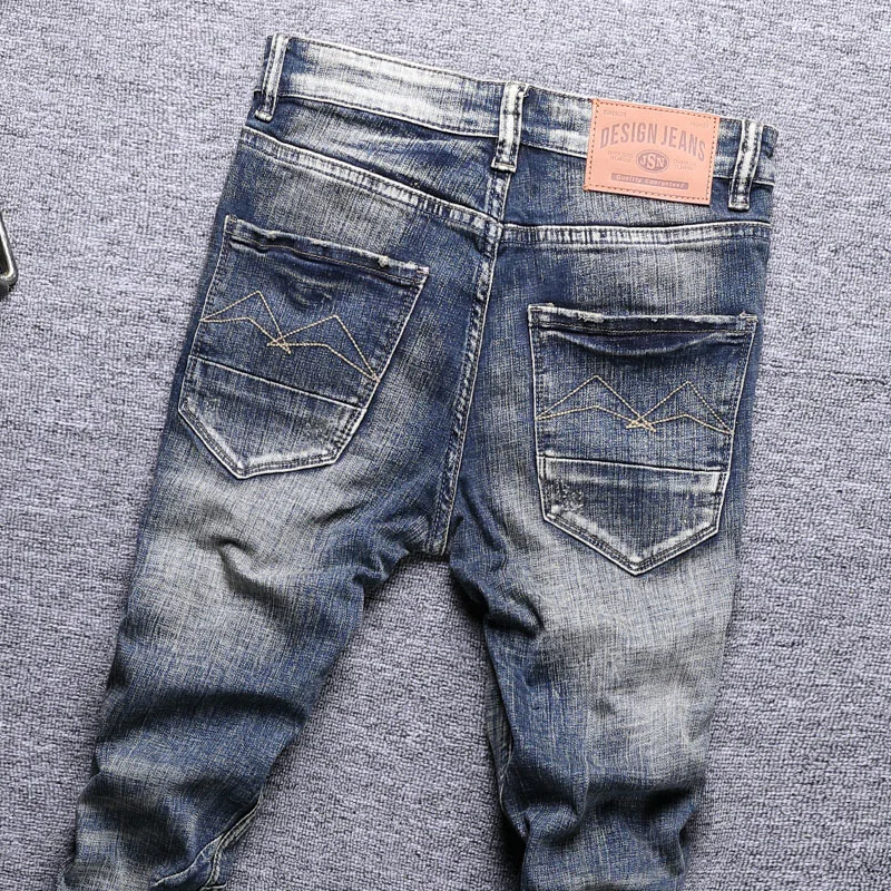 European Vintage Fashion Men Jeans Retro Blue Elastic Slim Ripped Jeans Men High Quality Distressed Designer Casual Denim Pants