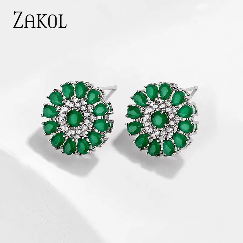 

ZAKOL Luxury Green White Flower AAA Cubic Zirconia Stud Earings for Women Bridal Party Fashion Jewelry Brincos FSEP2443