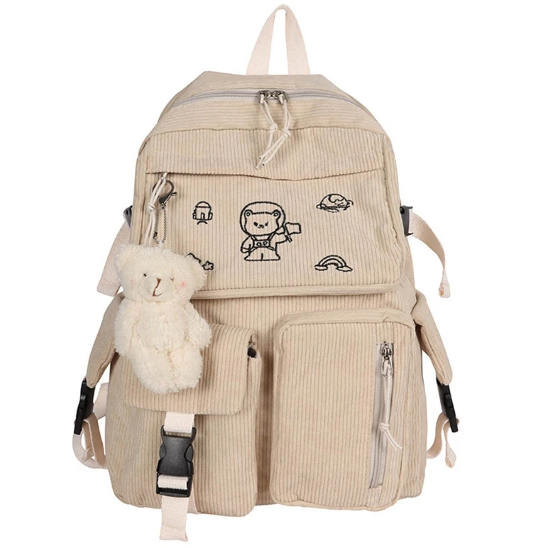 

Cartoon Embroidery Corduroy Backpack Retro Solid Color Casual Daypack 517D