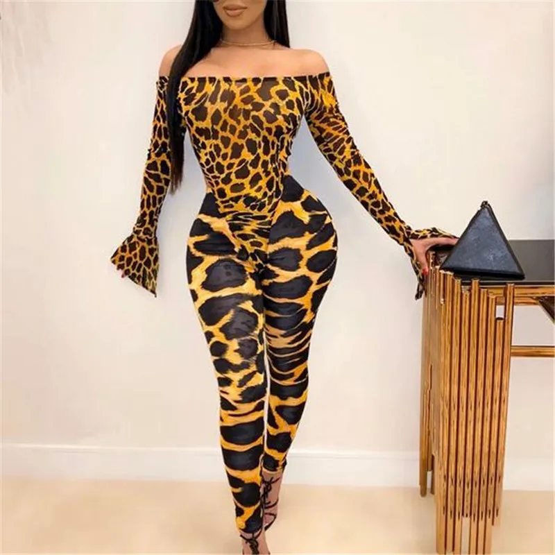 

Sexy Off Shoulder Playsuit New Fashion Leopard Printed Long Flared Sleeves Slim Casual Bodysuit Female's Autumn Bodycon Rompers