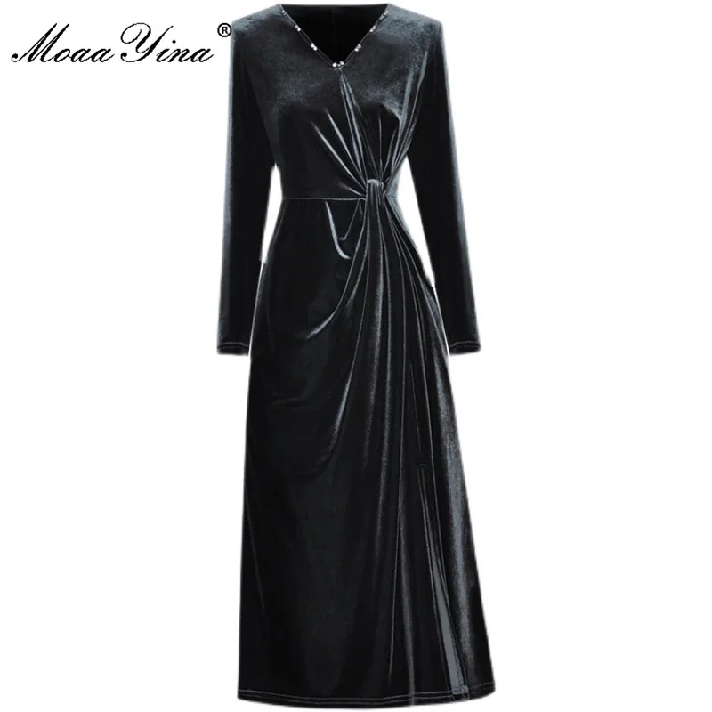 

Женское бархатное платье с v-образным вырезом MoaaYina, элегантное осенне-зимнее платье средней длины с длинным рукавом и высокой талией