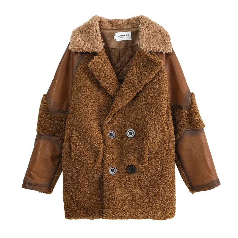 

Lamb wool stitching contrast color mid-length loose and comfortable suit collar double-breasted thick warm women's jacket