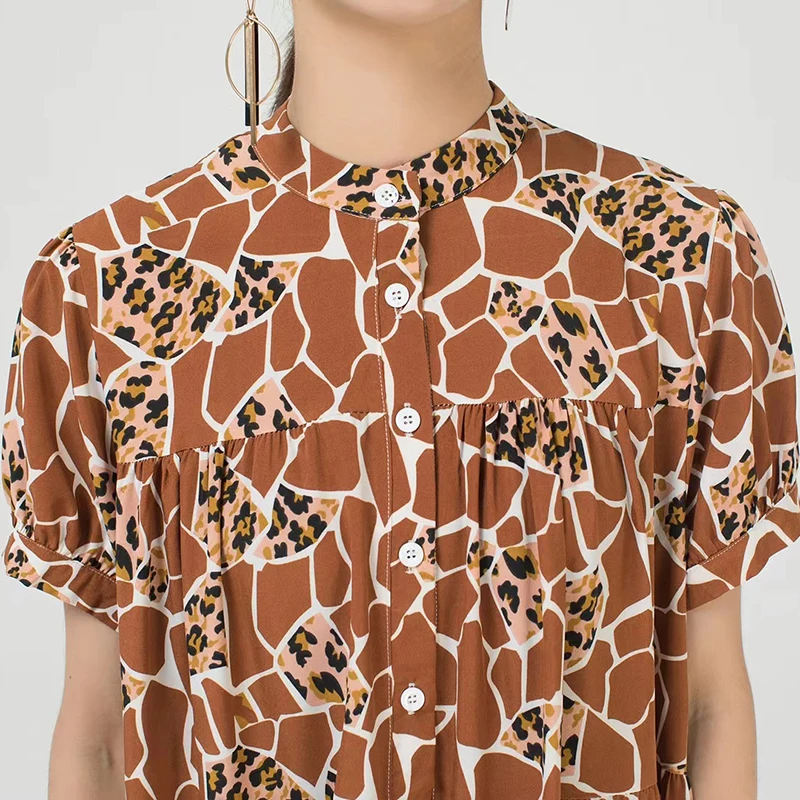 

CHICEVER Elegant Dress For Women Stand Collar Short Sleeve Print Hit Color Ruched Oversized Vintage Dresses Female 2021 Clothing