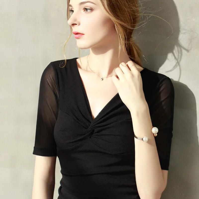 

Cross V-neck women's wear base shirt summer new solid short sleeve T-shirt