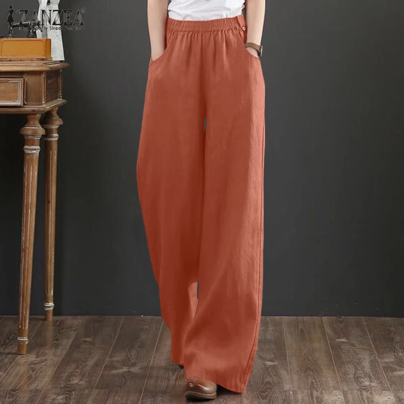 

Cotton Palazzo Loose Streetwear Vintage Elastic Waist Solid Long Trousers ZANZEA Women Wide Leg Pants Casual Loose Pantalon