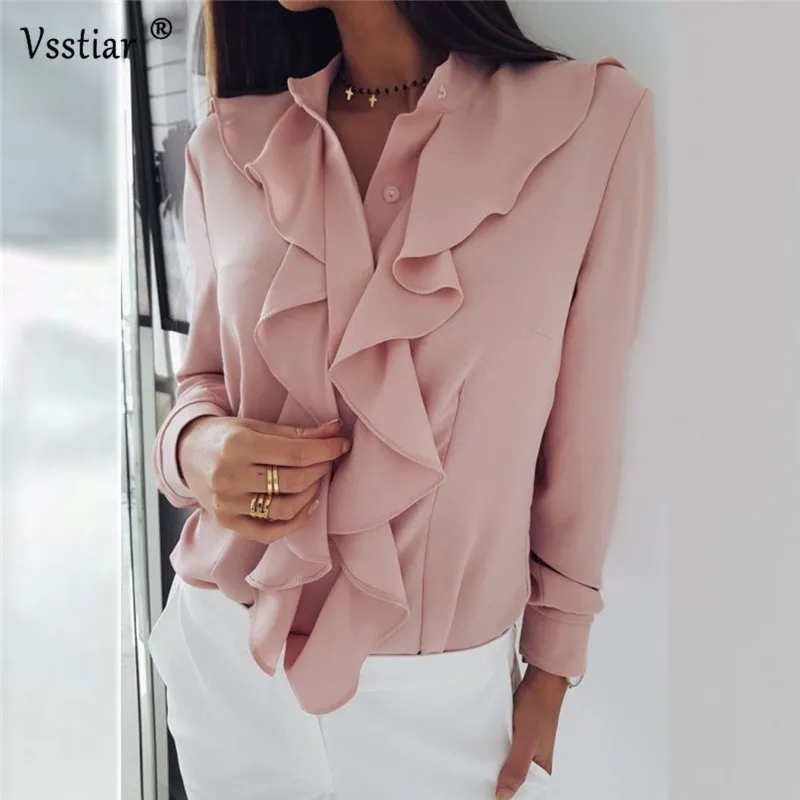 

Vsstiar Ruffles Women Blouse Long Sleeve Summer Casual V Neck Shirts Office Work Ladies Plus Size Tops White Black Pink