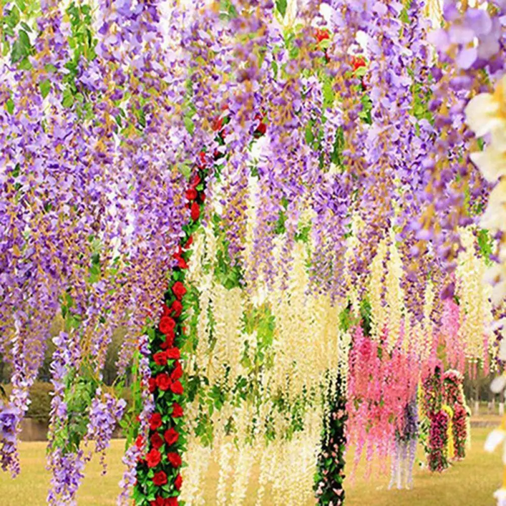 

Artificial Wisteria Flower Vine Wreath Wedding Arch Decor Fake Plant Leaf Rattan Trailing Fake Flower Ivy Wall Hanging Decor New