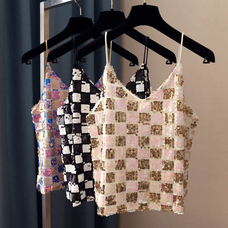 Plaid Colorful Sequins Camisole Women's Outer Wear Autumn New Korean-Style V-neck Sexy Sleeveless Top Camisole Tanks Femme