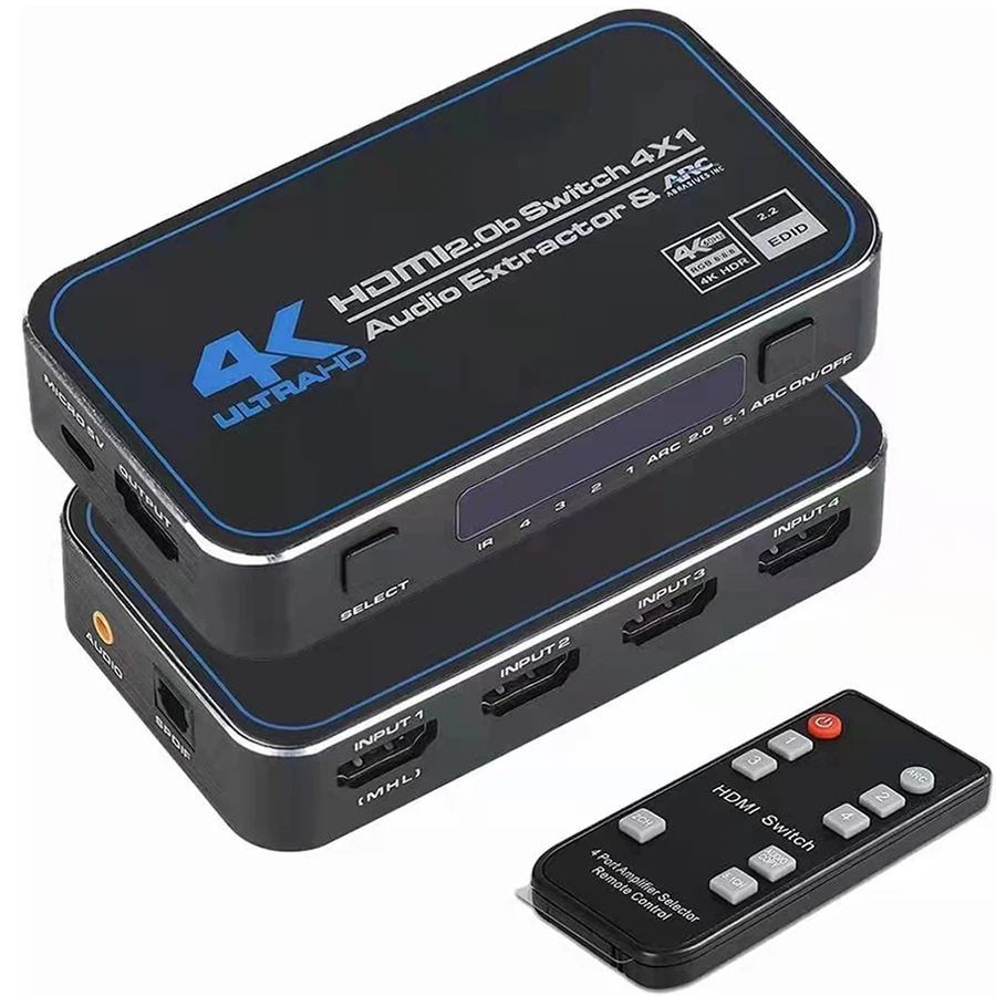HDMI-переключатель Ultra HD 2,0, 4K, HDR, 4x1, адаптер, переключатель с аудио экстрактором, 3,5 гнезда, оптический волоконный кабель, зеркальная дуга от AliExpress RU&CIS NEW
