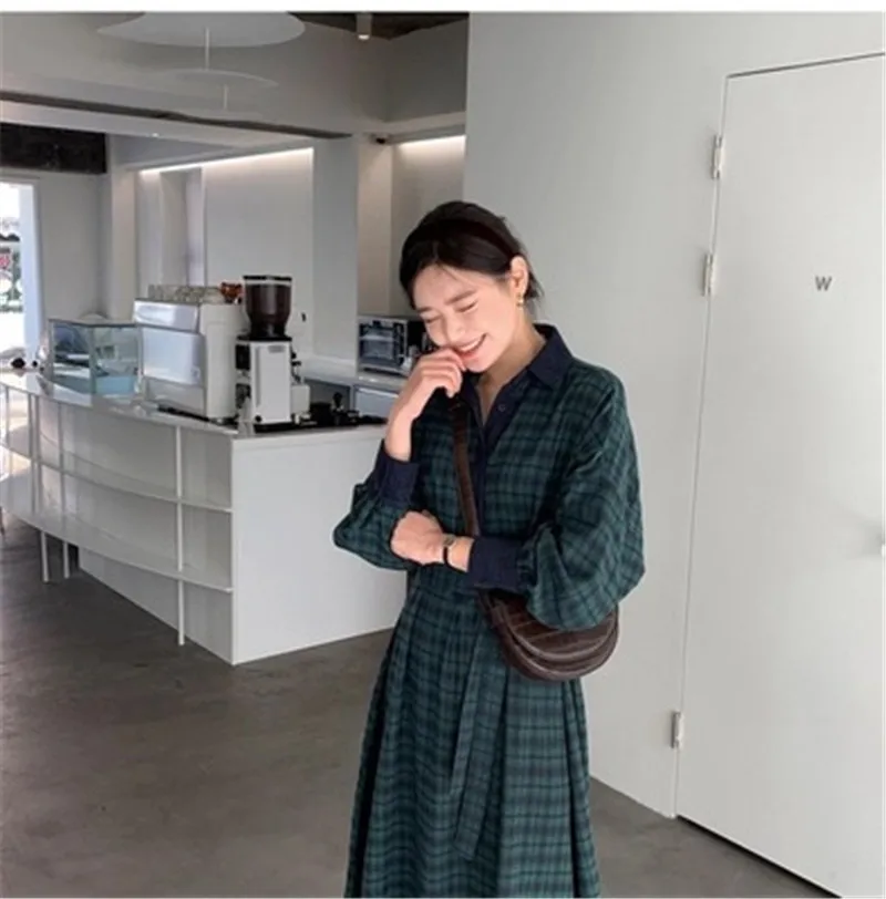 

Vintage Plaid Woman's Dress 2020 Korean Casual Lapel Long Sleeve High Waist Bandage Slim Was Thin Mid-Calf Vestidos Female