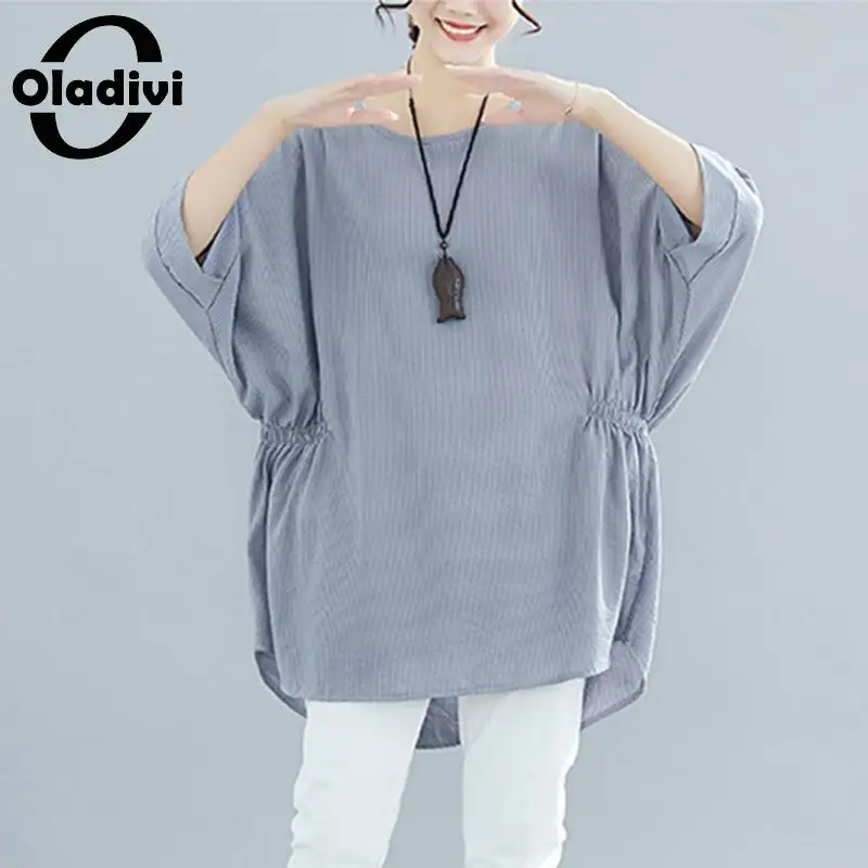 

Женская полосатая блузка Oladivi, свободная рубашка с рукавами летучая мышь, повседневный Топ большого размера, 4XL, 5XL, 6XL, для лета, 2021
