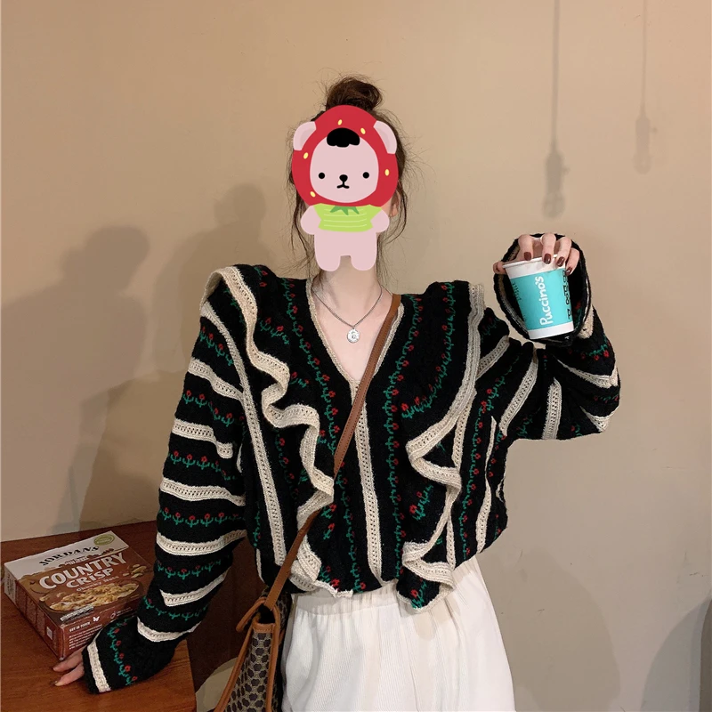 

Женский свободный трикотажный пуловер, элегантный шикарный свитер с цветочным принтом, с расклешенными рукавами и рюшами, корейский стиль