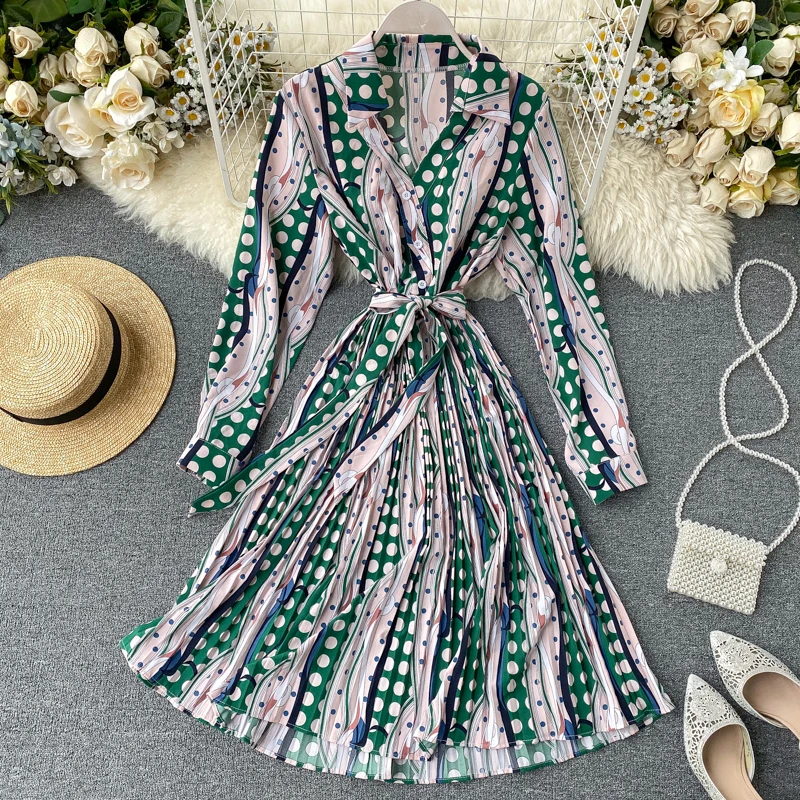 SINGRAIN женское плиссированное платье в горошек винтажное уличное офисное