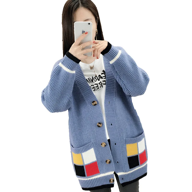 

2020 Autumn New Knitwear Cardigan Women's Sweaters&Jumpers Korean Simple Loose V-neck Pocket Cardigan Sweater Sueteres femininos
