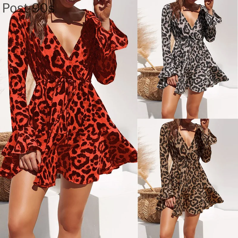 

2021 Summer Chiffon Dress Women Leopard Print Boho Beach Dresses Casual Ruffle Long Sleeve A-line Mini Party Dress Vestidos