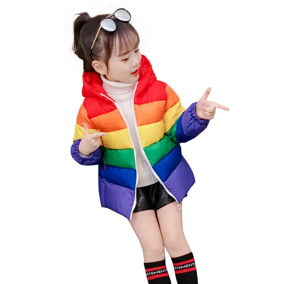 Детское пальто куртка в радужную полоску для девочек Верхняя одежда с капюшоном