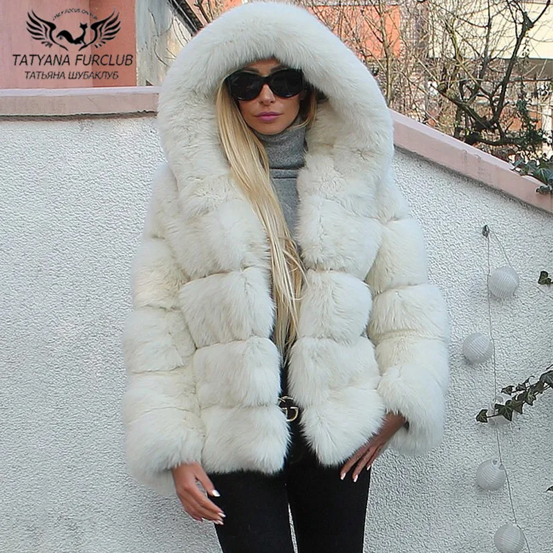 Fashion White Fox Fur Coats With Hood 2022 Trendy Natural Fox Fur Jackets Woman High Street Short Fur Jacket Natural Outwear