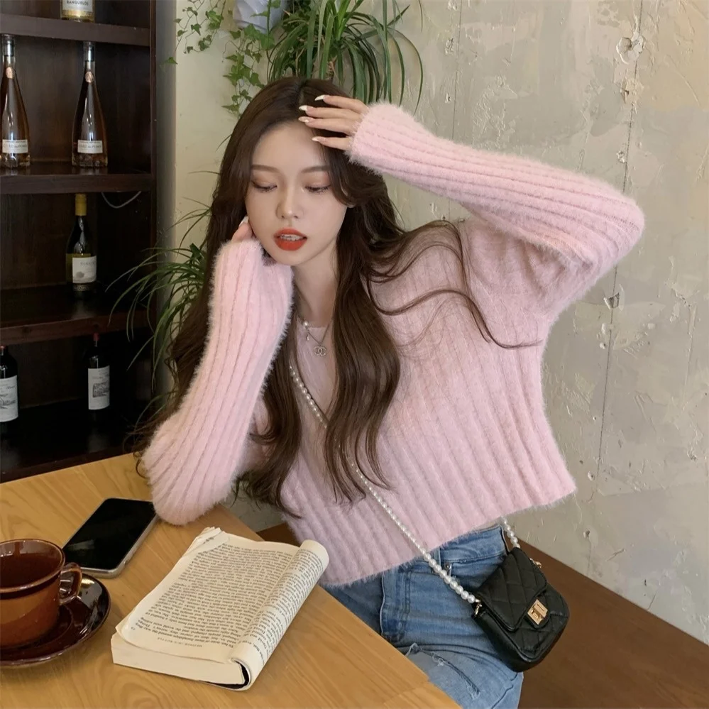 

Gentle Wind Soft Waxy Short Sweater Autumn Pink Pullover Wearing Loose Long Sleeve Knitted Top Z2219