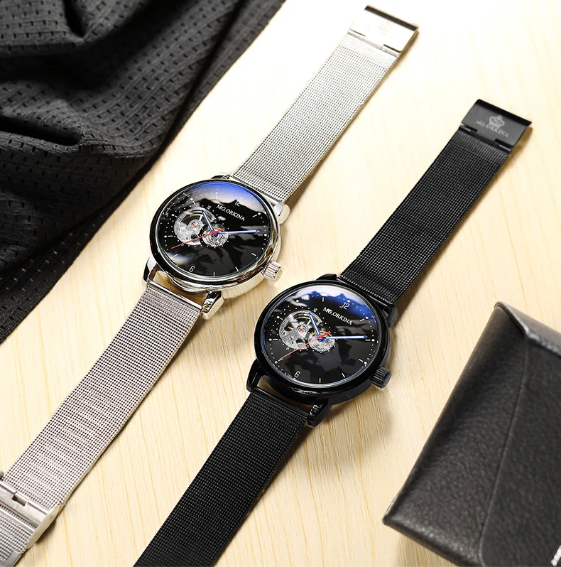 Reloj Hombre автоматические часы мужские s модные спортивные из нержавеющей стали сетки Группа скелет механические наручные часы для мужчин