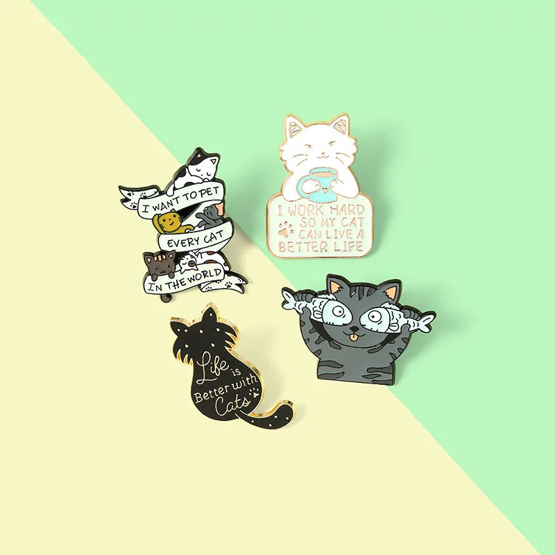 

Cartoon Kitty Cat Enamel Pins Custom Cat Fish Heart Banners Letter Brooches Bag Lapel Pin Cute Animal Badge Jewelry for Friends