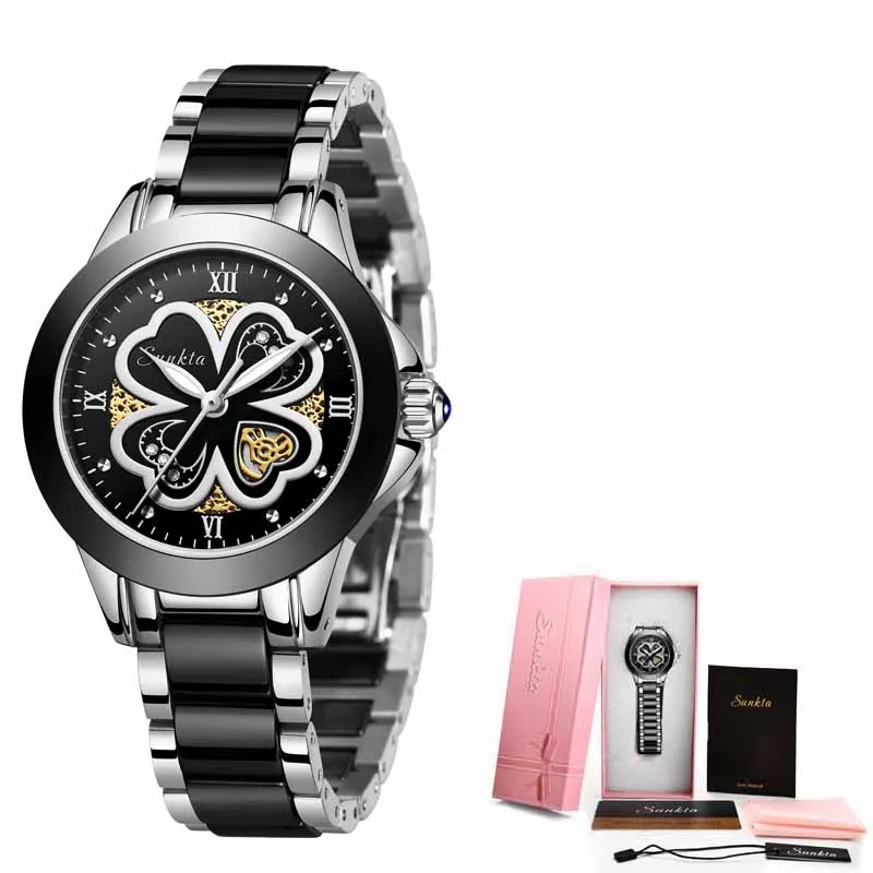 Black silver SUNKTA кварцевые женские часы модные водонепроницаемые часы женские керамические браслет часы девушка часы Relogio Feminino+ Bo - Цвет: Black silver