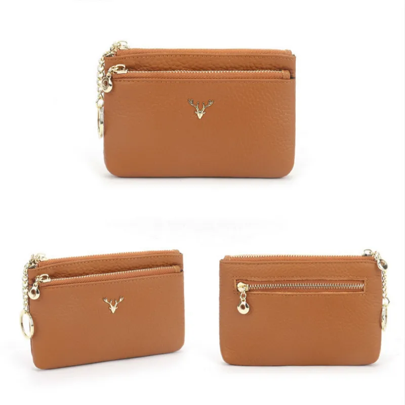 

First Layer Cowhide Deer Head Ladies Zipper Leather Coin Purse Leather Key Ring Bag Mini Coin Bag Purses
