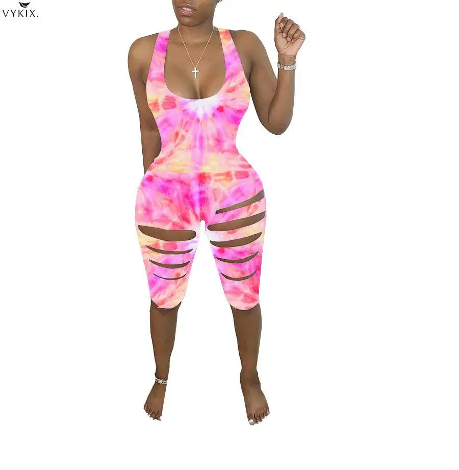 

Women Tie Dye Print Hole Skinny Bodysuit Bodycon Knee Length Tank Jumpsuit Sleeveless One Piece Overall Romper Clubwear Playsuit