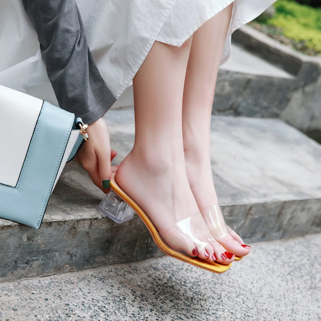 Сандалии женские прозрачные Босоножки с открытым носком квадратный высокий