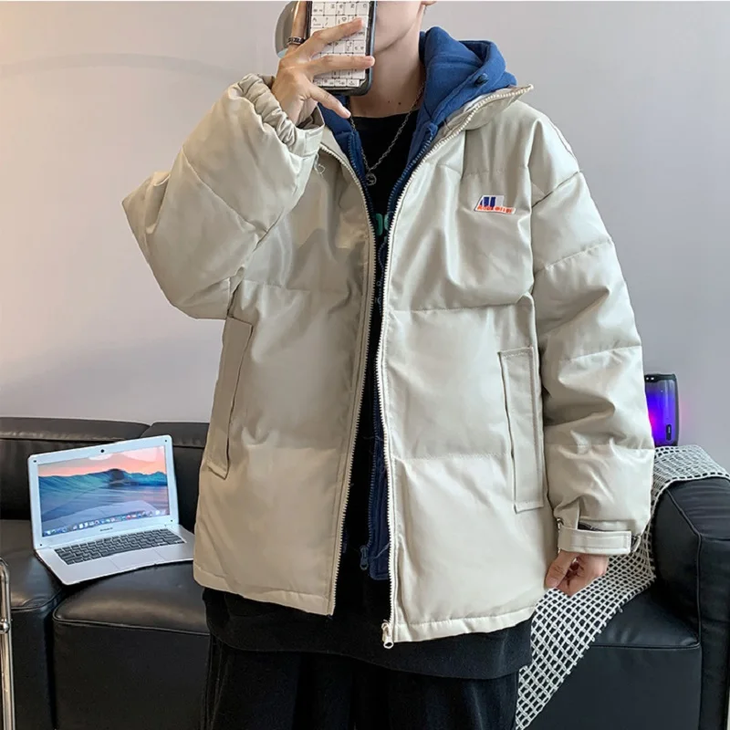 Fake Two-piece Hooded Cotton Coat Men 2021 Korean Fashion Ins Loose Casual PU Leather Coat Couple Cotton Coat Winter Jacket
