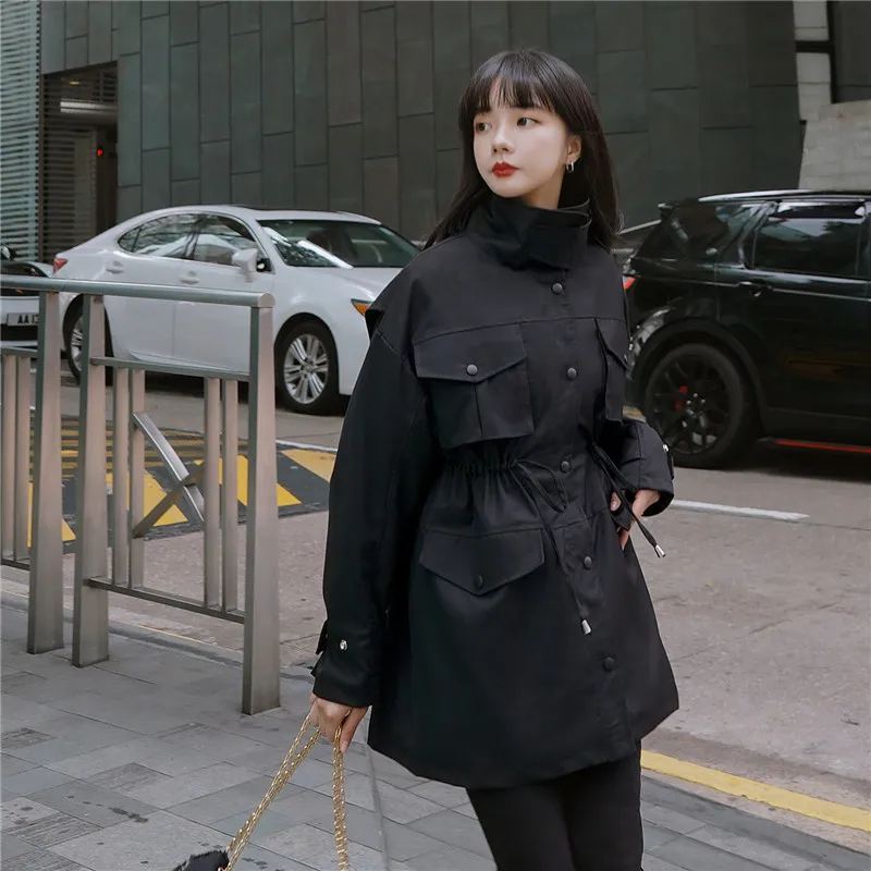 

Trench Coat For Women A-line Solid Dark Drawstring Belt Jacket Office Lady Japan Style Goth Winter Clothes Women gabardina mujer