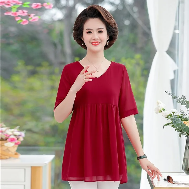 Шифон половинные рукава блузка с v образным вырезом Женские 2021 Лето Высокое