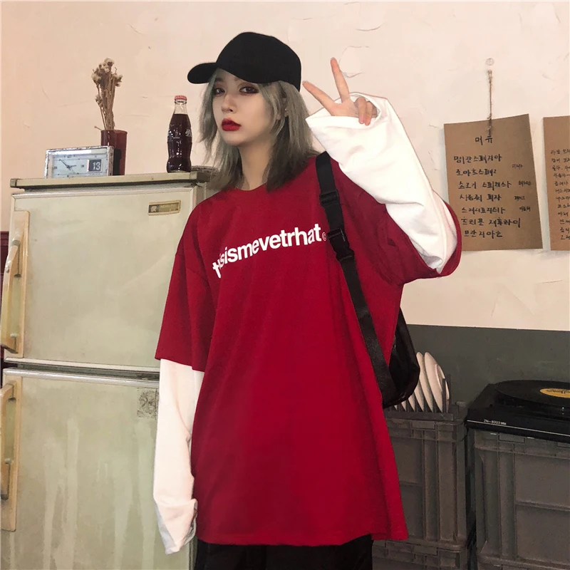 Harajuku модные женские топы с длинными рукавами осенняя одежда с принтом поддельные 2 шт. свободные футболки женские повседневные футболки