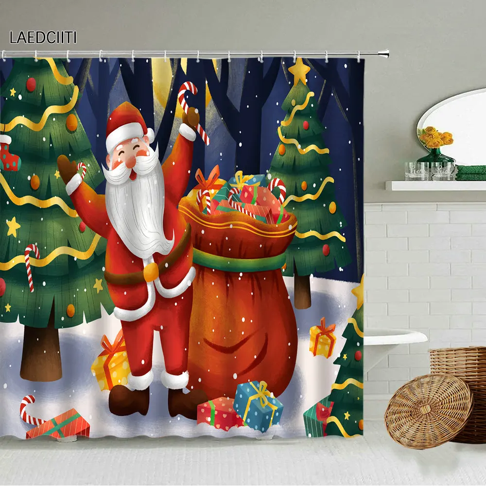 

Cartoon Fun Santa Claus Snowman Shower Curtain Kid Bathroom Merry Christmas Happy New Year Theme Waterproof Screen Holiday Gift