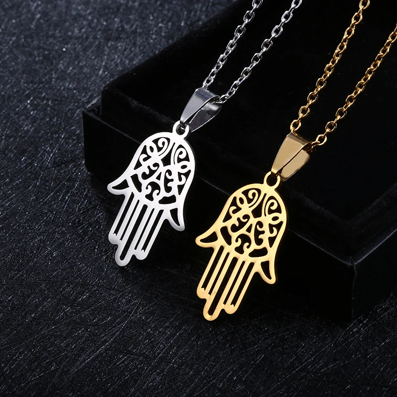 

Arabic Soy Luna Hamsa Hand Pendant Necklace for Women/Men Amulet Stainless Steel Hand of Fatima Choker Arab Jewelry Gift